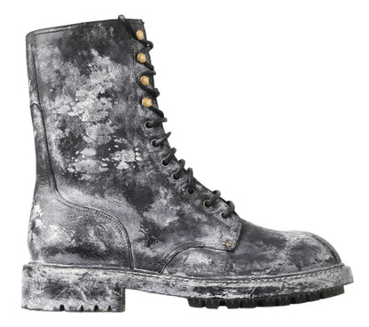 Dolce &amp; Gabbana Schwarz Grau Leder Halbhohe Stiefel Schuhe