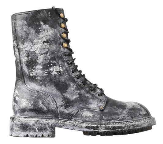 Dolce &amp; Gabbana Schwarz Grau Leder Halbhohe Stiefel Schuhe