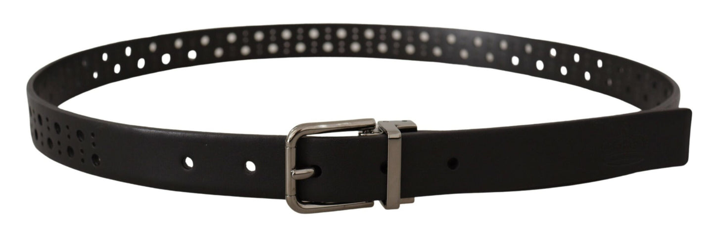 Dolce &amp; Gabbana Black Calf Leather Perforated Metal Buckle Belt