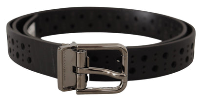 Dolce &amp; Gabbana Black Calf Leather Perforated Metal Buckle Belt