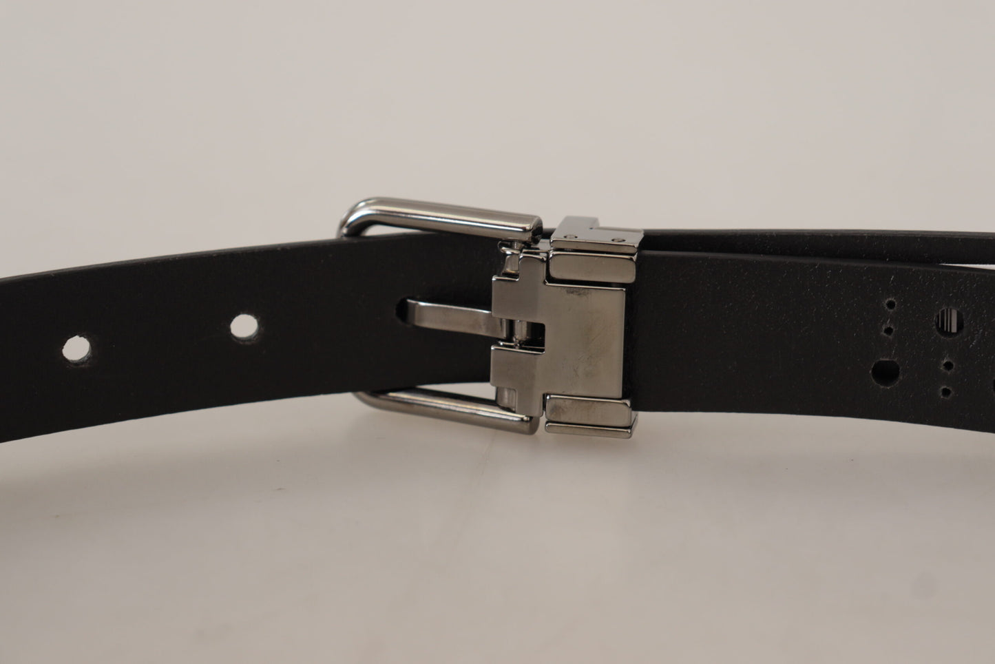 Dolce &amp; Gabbana Black Calf Leather Perforated Metal Buckle Belt