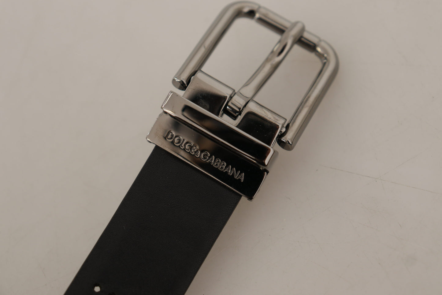 Dolce &amp; Gabbana Black Calf Leather Perforated Metal Buckle Belt