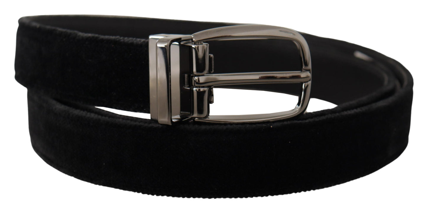 Dolce &amp; Gabbana Black Velvet Classic Logo Engraved Metal Belt