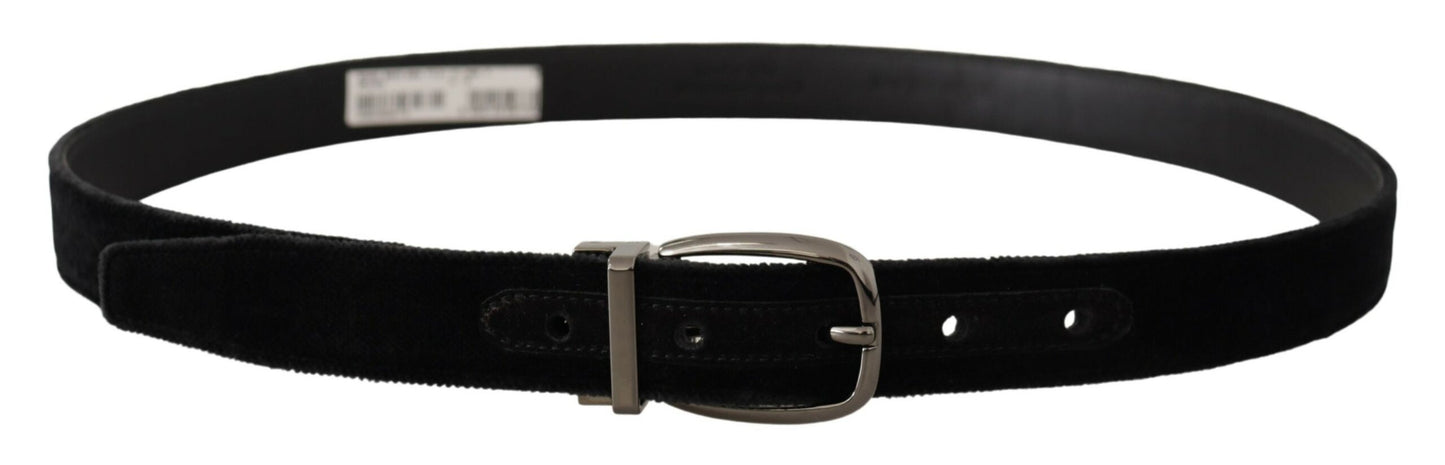 Dolce &amp; Gabbana Black Velvet Classic Logo Engraved Metal Belt