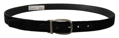 Dolce &amp; Gabbana Black Velvet Classic Logo Engraved Metal Belt