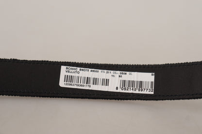 Dolce &amp; Gabbana Black Velvet Classic Logo Engraved Metal Belt