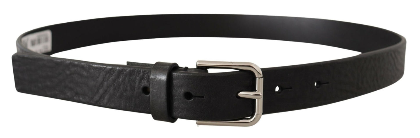 Dolce &amp; Gabbana Black Calf Leather Silver Tone Logo Metal Buckle Belt