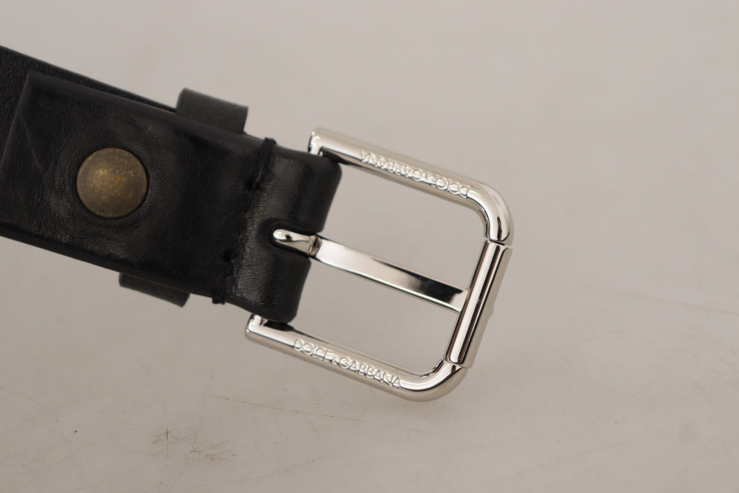 Dolce &amp; Gabbana Black Calf Leather Silver Tone Logo Metal Buckle Belt