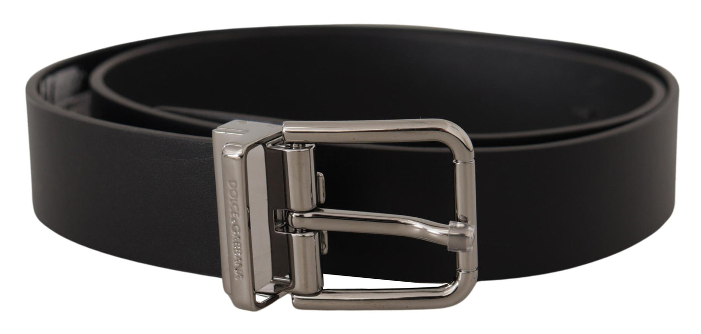Dolce &amp; Gabbana Black Calf Leather Logo Engraved Metal Buckle Belt