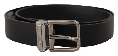 Dolce &amp; Gabbana Black Calf Leather Logo Engraved Metal Buckle Belt