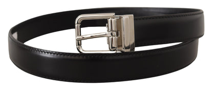 Dolce &amp; Gabbana Black Calf Leather Logo Engraved Metal Buckle Belt