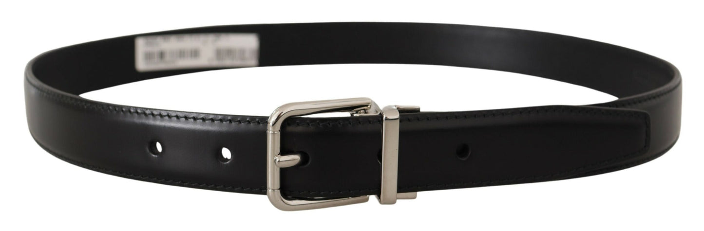 Dolce &amp; Gabbana Black Calf Leather Logo Engraved Metal Buckle Belt