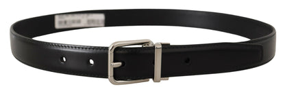 Dolce &amp; Gabbana Black Calf Leather Logo Engraved Metal Buckle Belt