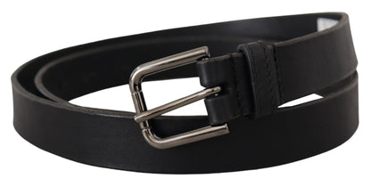 Dolce &amp; Gabbana Black Calf Leather Logo Engraved Metal Buckle Belt