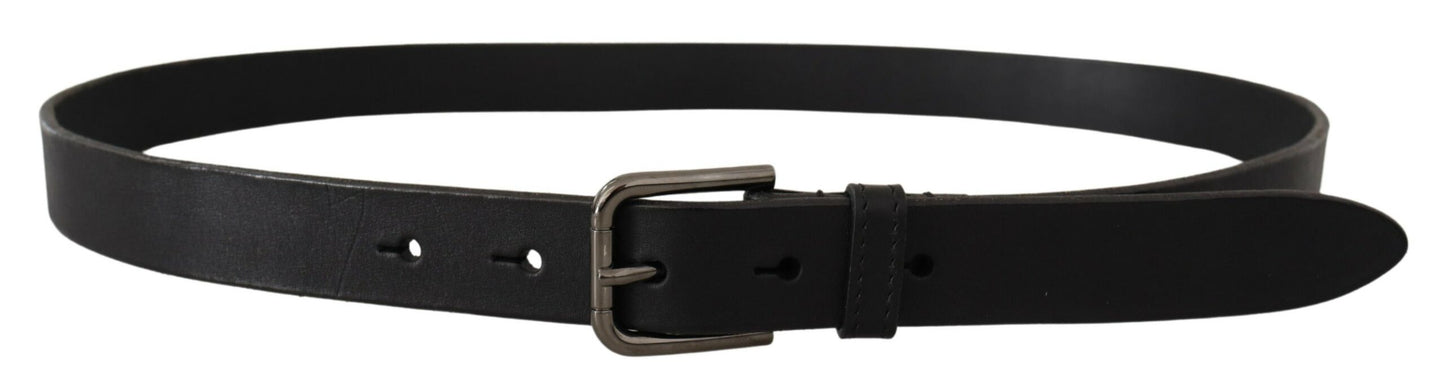 Dolce &amp; Gabbana Black Calf Leather Logo Engraved Metal Buckle Belt