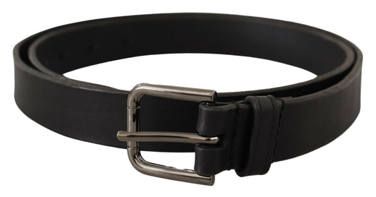 Dolce &amp; Gabbana Black Calf Leather Logo Engraved Metal Buckle Belt
