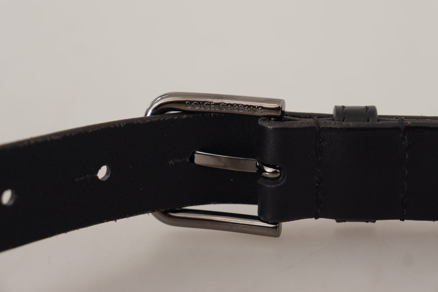 Dolce &amp; Gabbana Black Calf Leather Logo Engraved Metal Buckle Belt