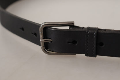 Dolce &amp; Gabbana Black Calf Leather Logo Engraved Metal Buckle Belt