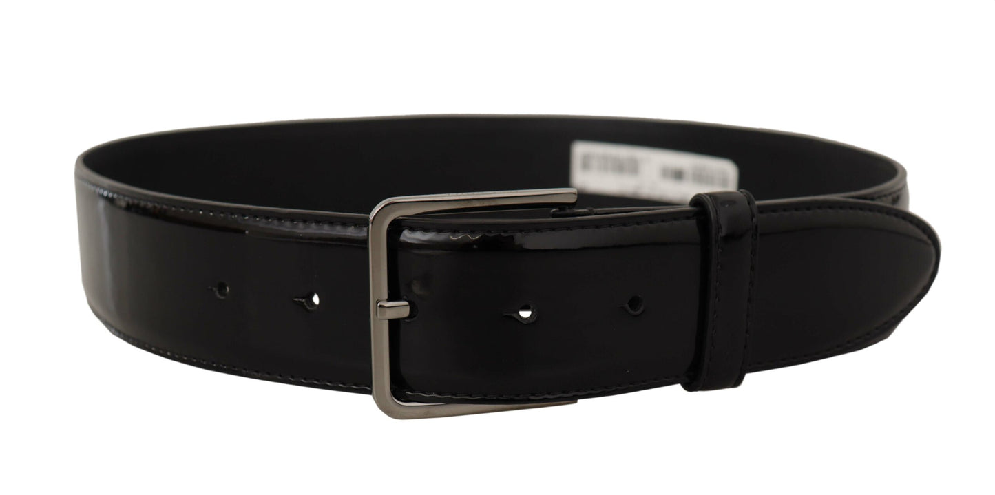 Dolce &amp; Gabbana Black Patent Leather Logo Engraved Buckle Belt