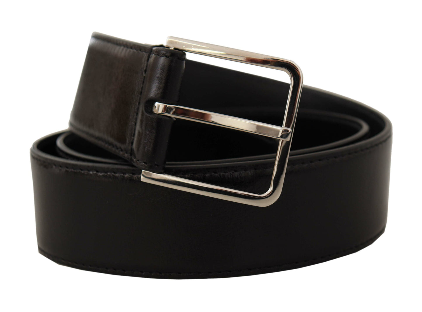 Dolce &amp; Gabbana Black Calf Leather Logo Engraved Metal Buckle Belt