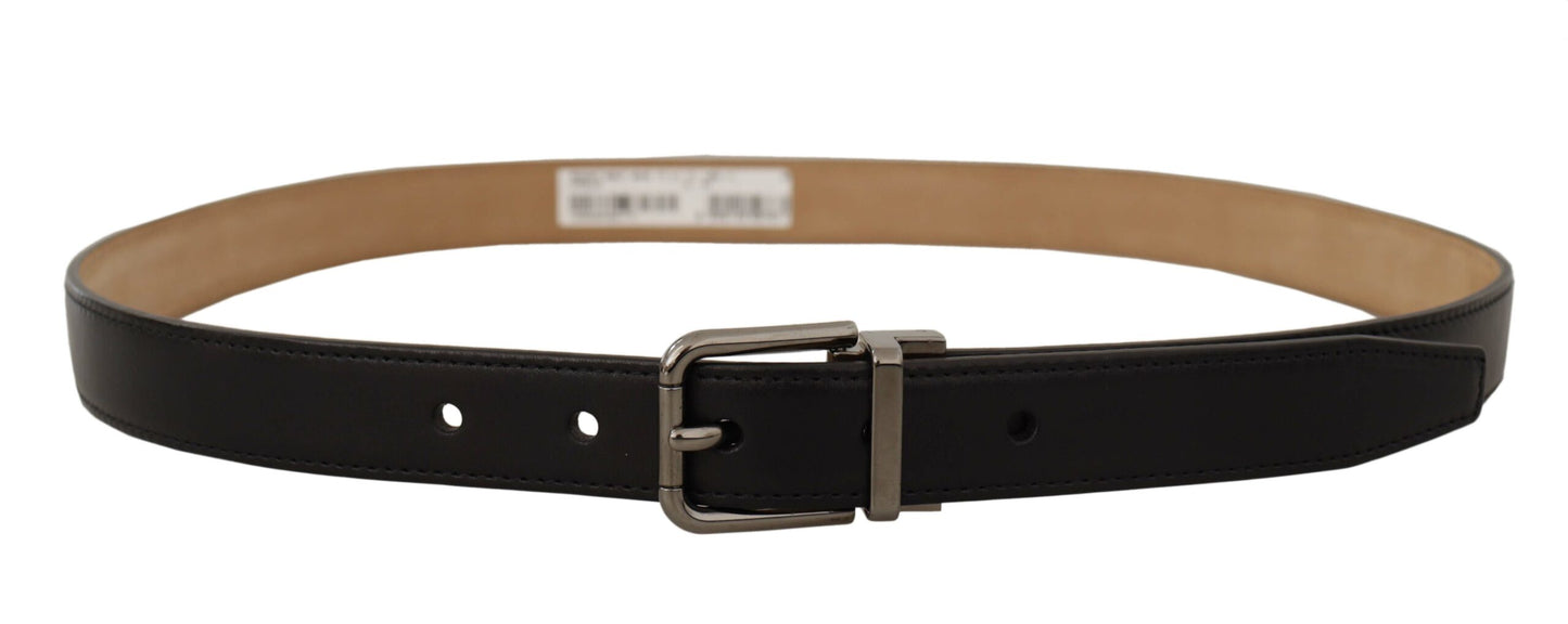 Dolce &amp; Gabbana Black Calf Leather Logo Engraved Metal Buckle Belt