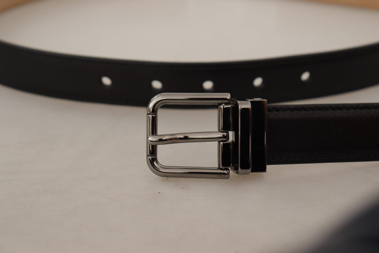 Dolce &amp; Gabbana Black Calf Leather Logo Engraved Metal Buckle Belt