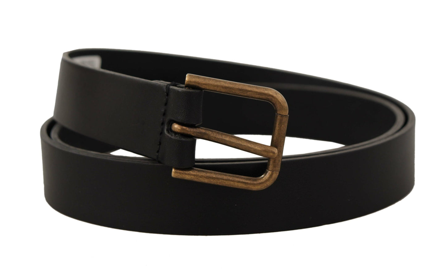 Dolce &amp; Gabbana Black Calf Leather Brass Logo Engraved Buckle Belt