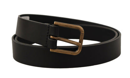 Dolce &amp; Gabbana Black Calf Leather Brass Logo Engraved Buckle Belt