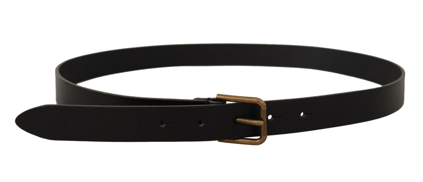 Dolce &amp; Gabbana Black Calf Leather Brass Logo Engraved Buckle Belt