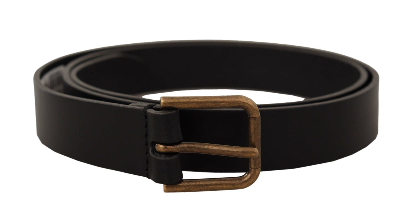 Dolce &amp; Gabbana Black Calf Leather Brass Logo Engraved Buckle Belt