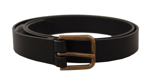 Dolce &amp; Gabbana Black Calf Leather Brass Logo Engraved Buckle Belt