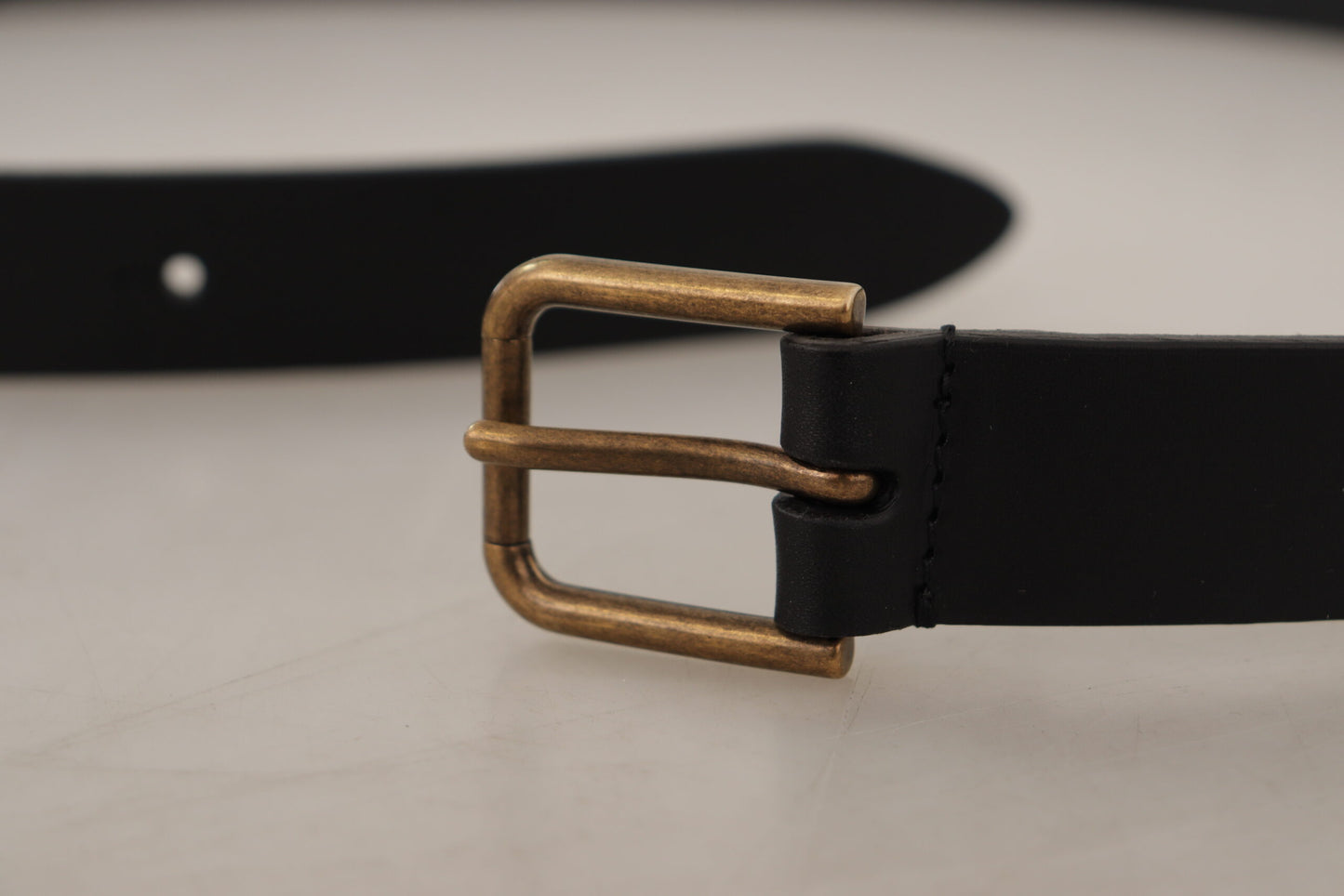 Dolce &amp; Gabbana Black Calf Leather Brass Logo Engraved Buckle Belt