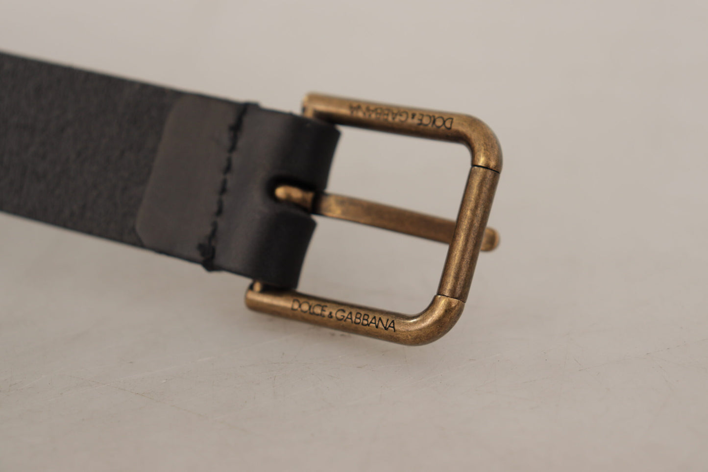 Dolce &amp; Gabbana Black Calf Leather Brass Logo Engraved Buckle Belt