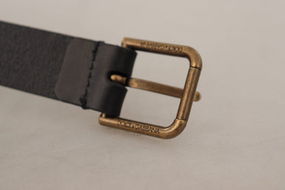 Dolce &amp; Gabbana Black Calf Leather Brass Logo Engraved Buckle Belt