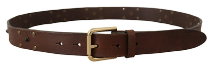 Dolce &amp; Gabbana Brown Leather Studded Gold Tone Metal Buckle Belt