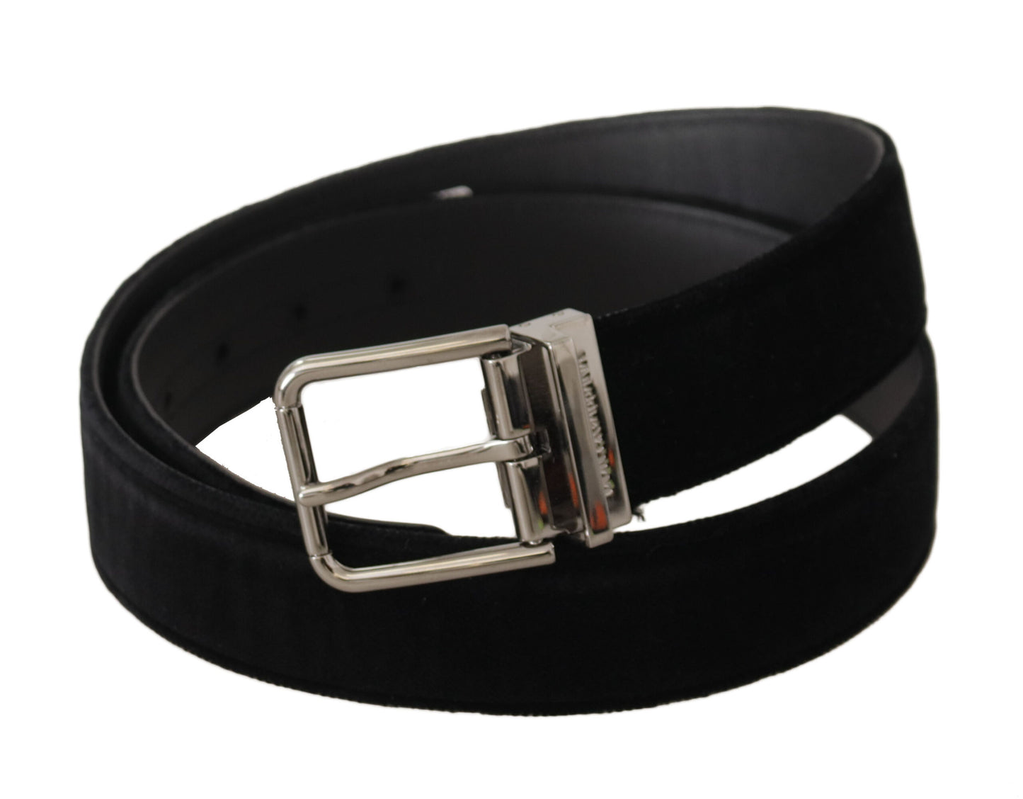 Dolce &amp; Gabbana Black Velvet Silver Logo Engraved Metal Buckle Belt