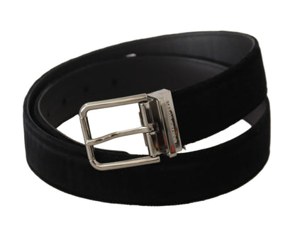 Dolce &amp; Gabbana Black Velvet Silver Logo Engraved Metal Buckle Belt