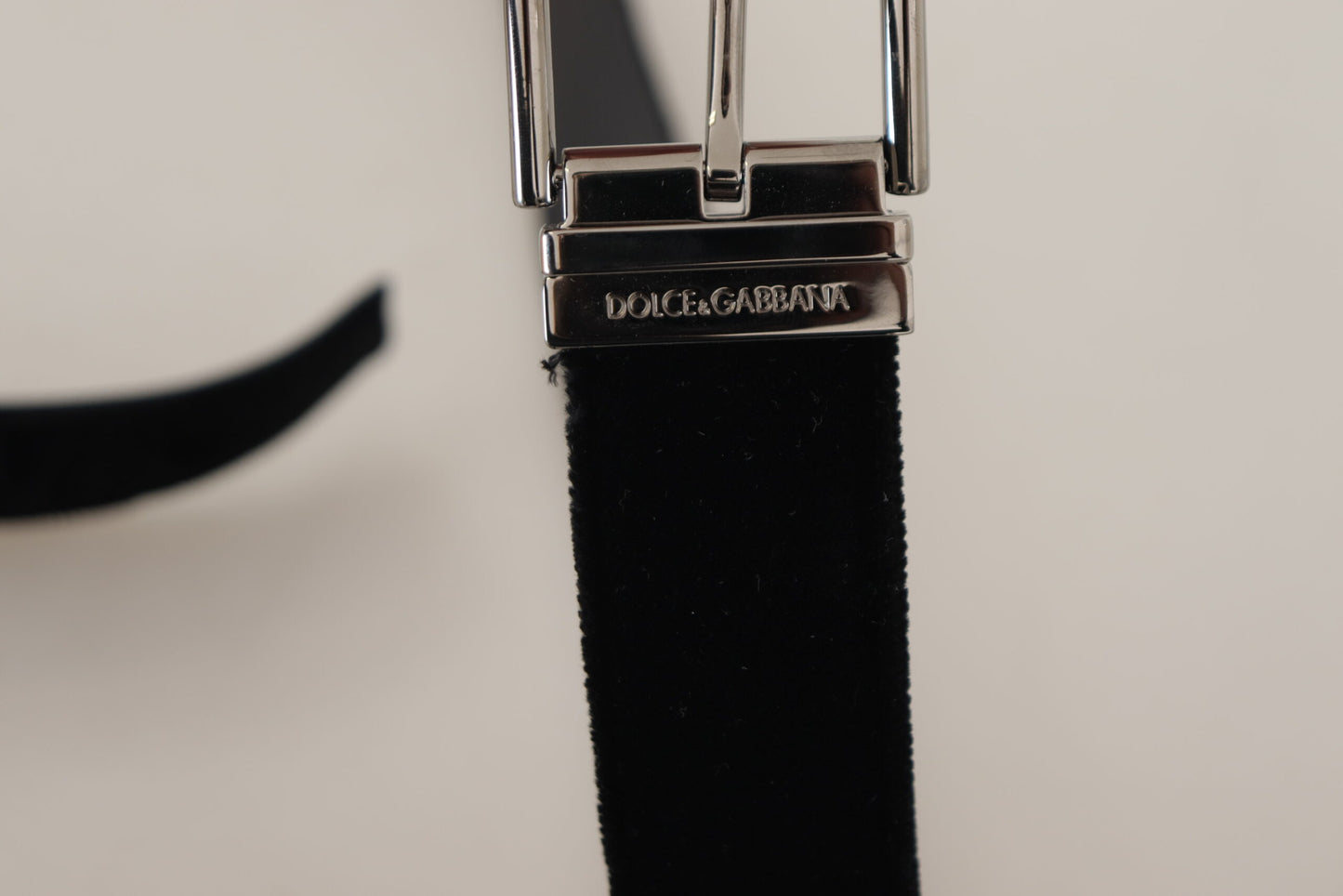 Dolce &amp; Gabbana Black Velvet Silver Logo Engraved Metal Buckle Belt