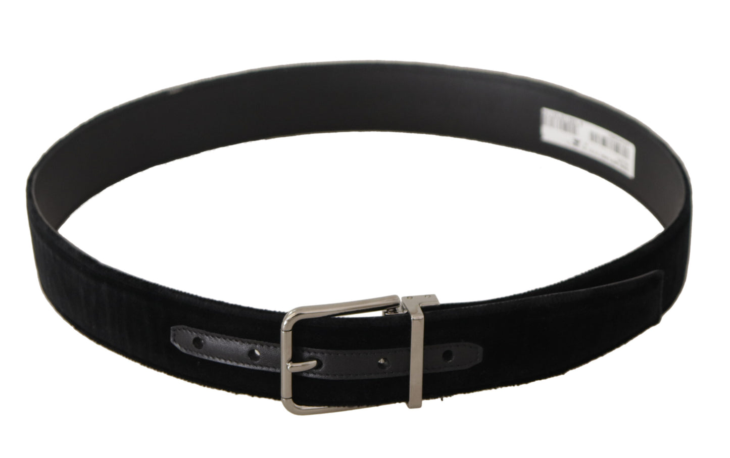 Dolce &amp; Gabbana Black Velvet Silver Logo Engraved Metal Buckle Belt
