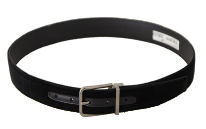 Dolce &amp; Gabbana Black Velvet Silver Logo Engraved Metal Buckle Belt