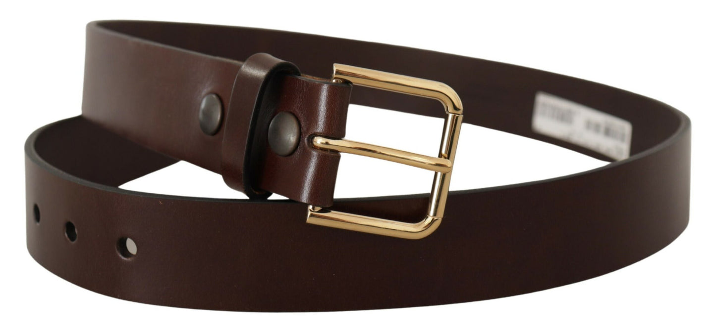 Dolce &amp; Gabbana Brown Polished Leather Gold Tone Metal Buckle Belt