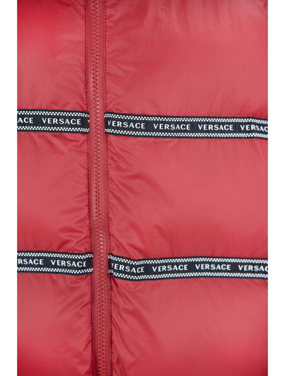 Elegante rote Weste mit Versace-Logo und abnehmbarer Kapuze