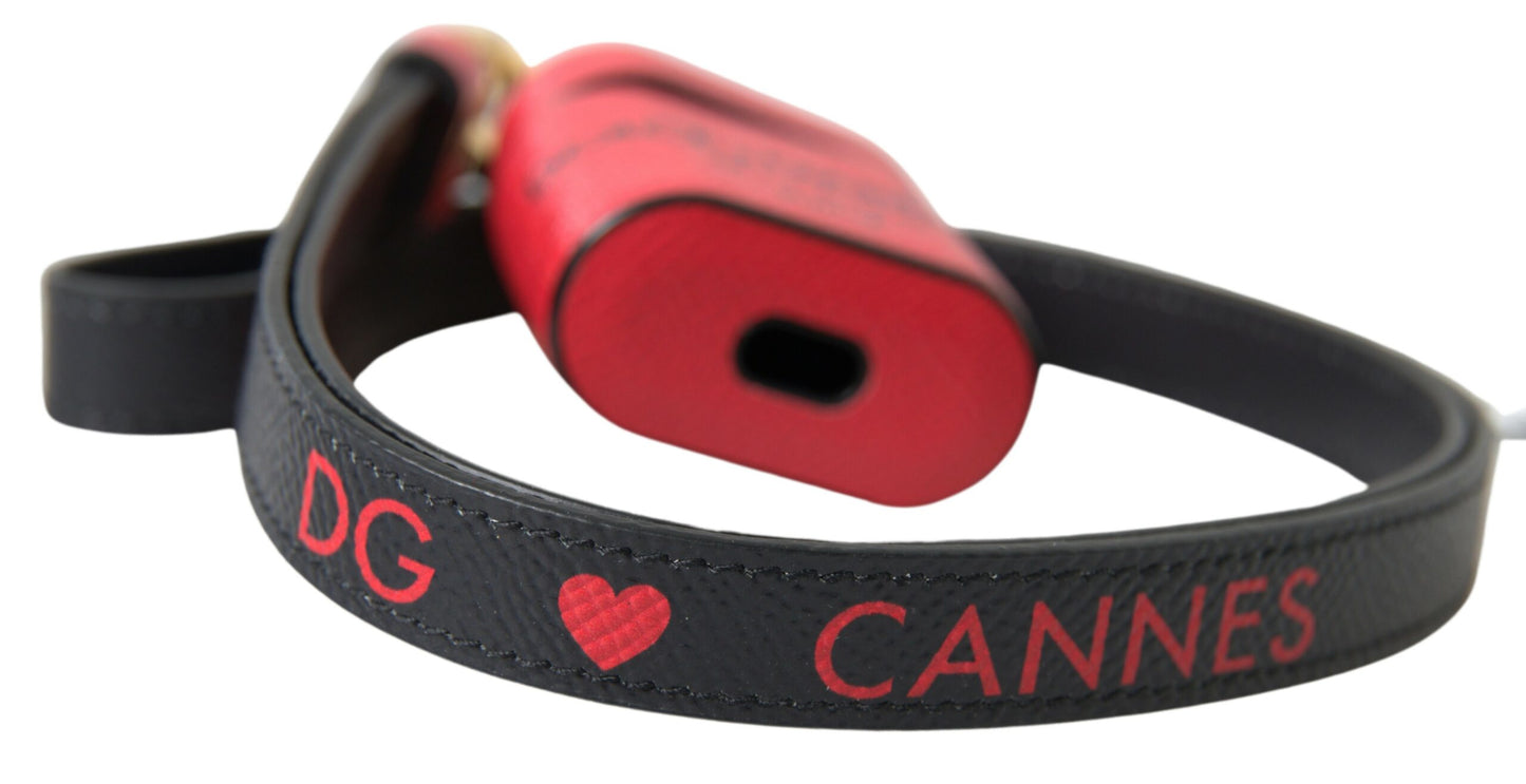 Dolce &amp; Gabbana Red Black Calf Leather Logo Print Strap Airpods Case