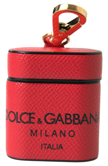 Dolce &amp; Gabbana Red Black Calf Leather Logo Print Strap Airpods Case
