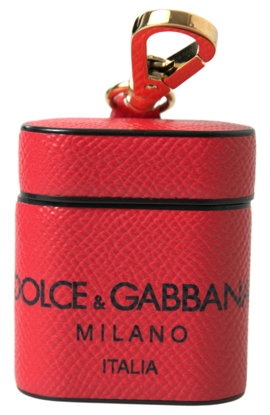 Dolce &amp; Gabbana Red Black Calf Leather Logo Print Strap Airpods Case