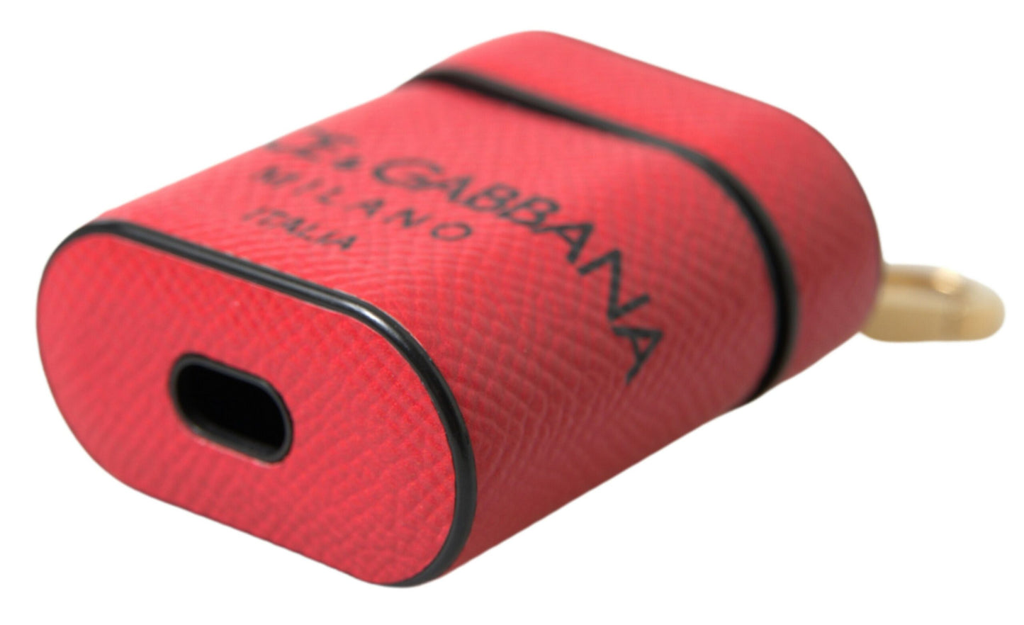 Dolce &amp; Gabbana Red Black Calf Leather Logo Print Strap Airpods Case