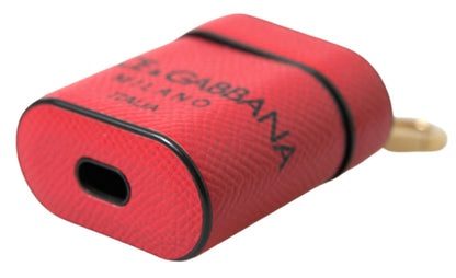 Dolce &amp; Gabbana Red Black Calf Leather Logo Print Strap Airpods Case