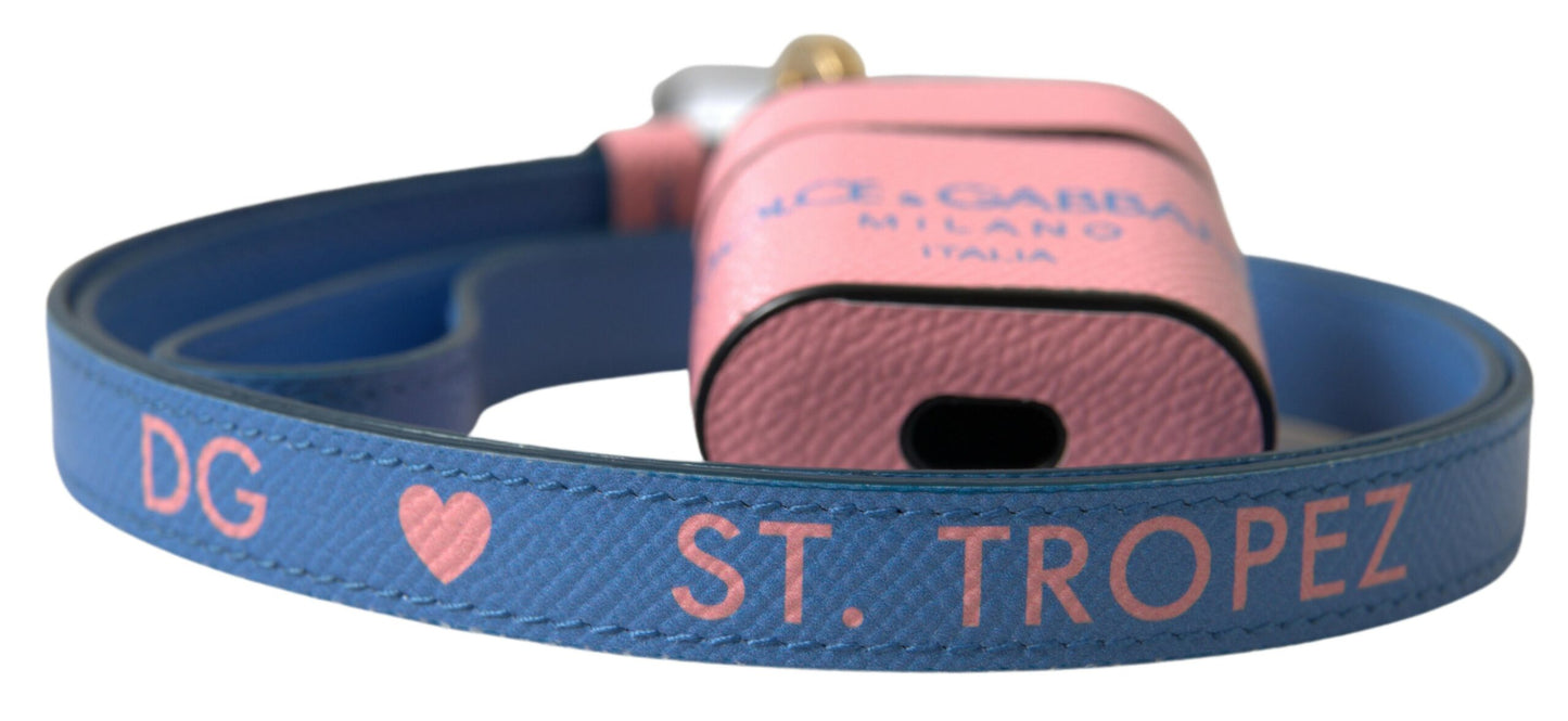 Dolce &amp; Gabbana Pink Blue Calf Leather Logo Print Strap Airpods Case