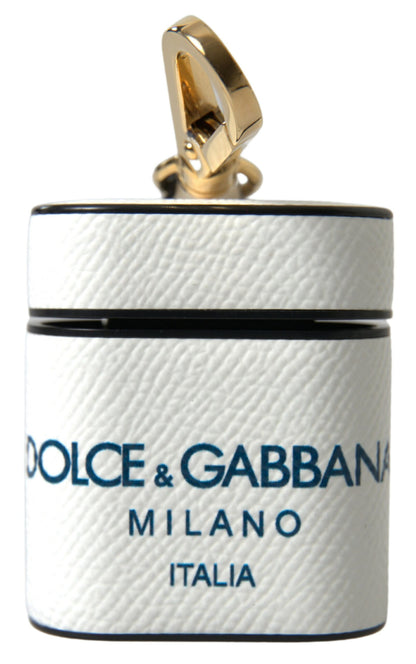 Dolce &amp; Gabbana White Blue Calf Leather Logo Print Strap Airpods Case