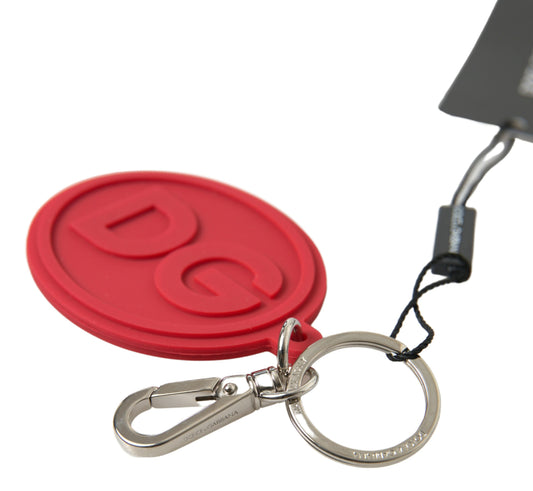 Dolce &amp; Gabbana Red Rubber DG Logo Silver Brass Metal Keyring Keychain